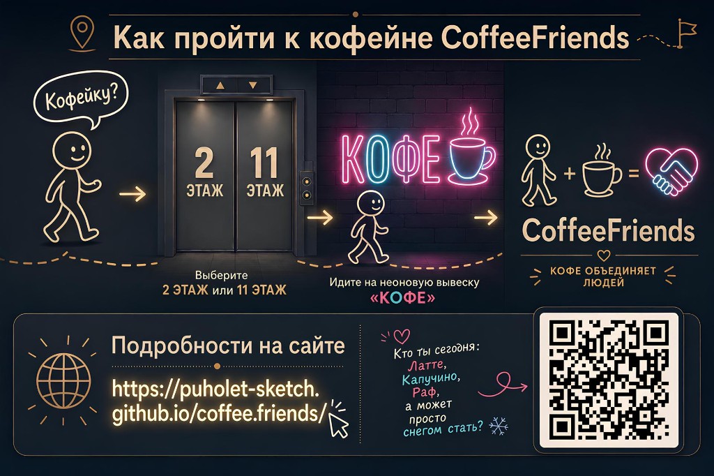Как пройти к кофейне CoffeeFriends: лифт на этажи 2 и 11, неоновая вывеска КОФЕ